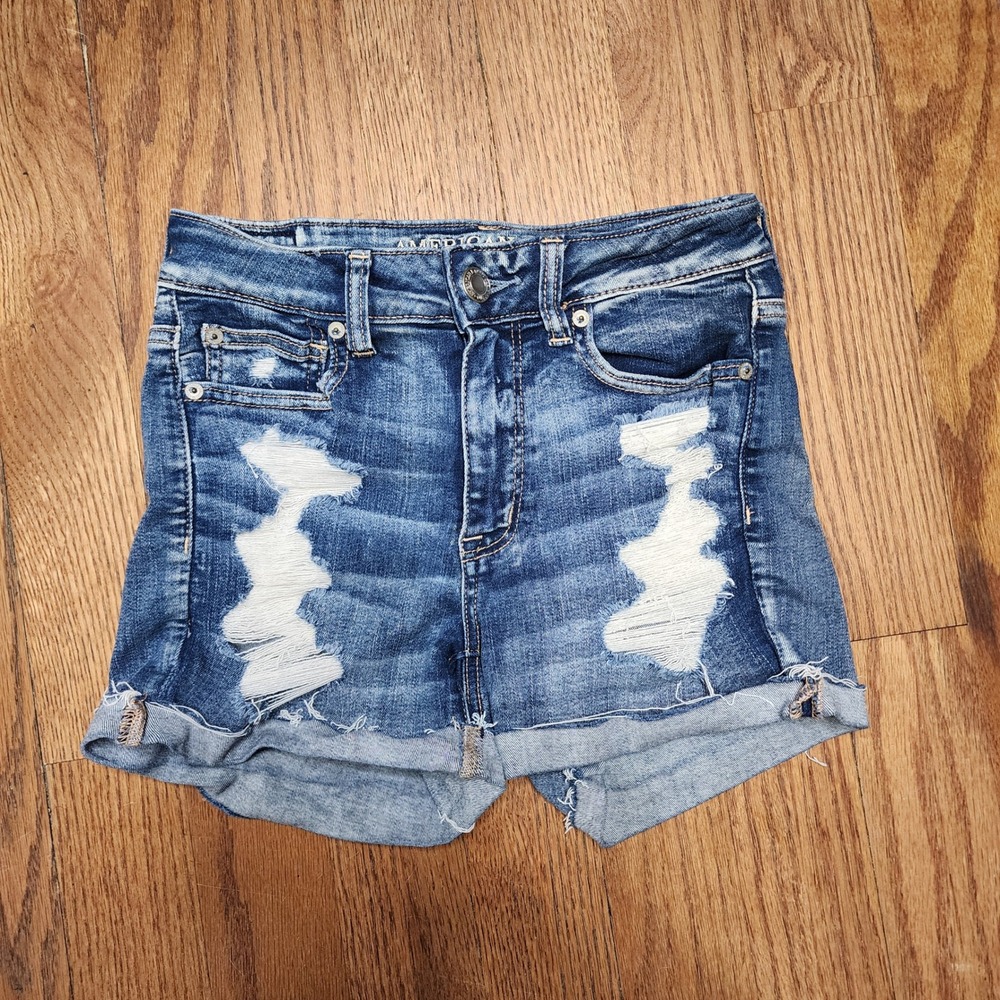 American Eagle Hi-Rise Shortie Distressed Denim Jean Shorts Medium Wash Size 4